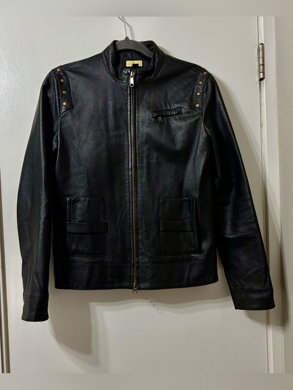 Kids Black Leather Bomber Jacket with Stud Accents